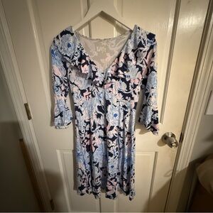 Lilly Pulitzer Floral V-Neck Ruffle Dress in Navy, Light Blue & Pink